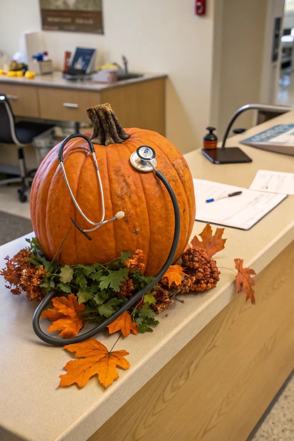 A pumpkin with a stethoscope adds a healthcare twist to fall decor.