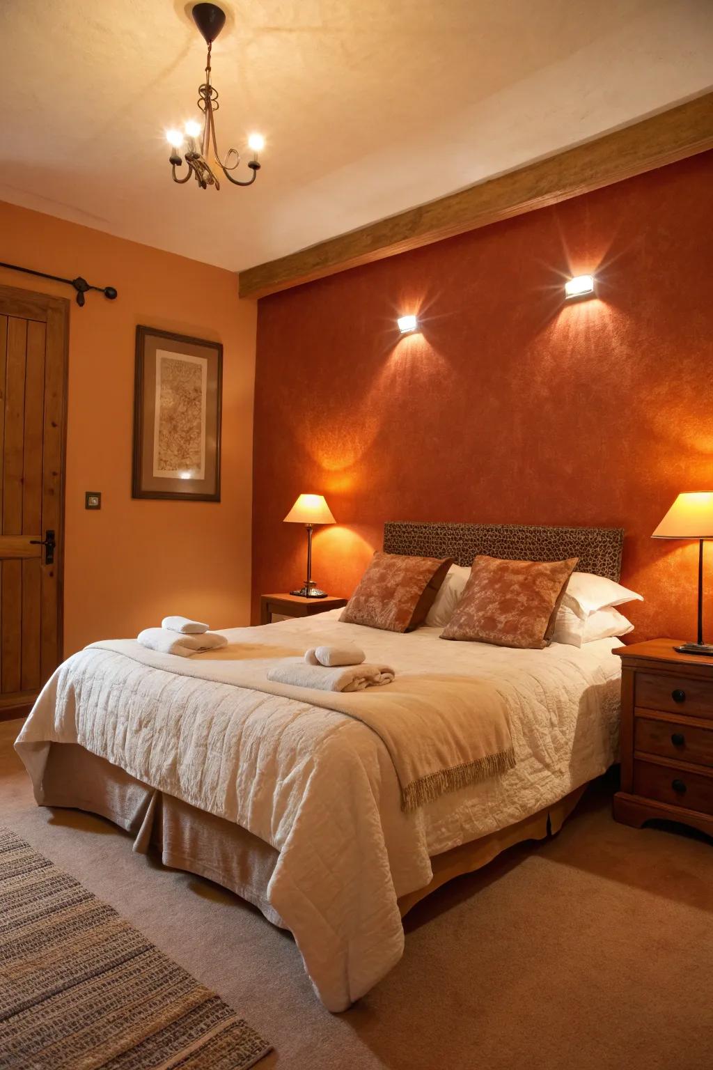 Burnt orange walls paired with cream bedding create a cozy retreat.