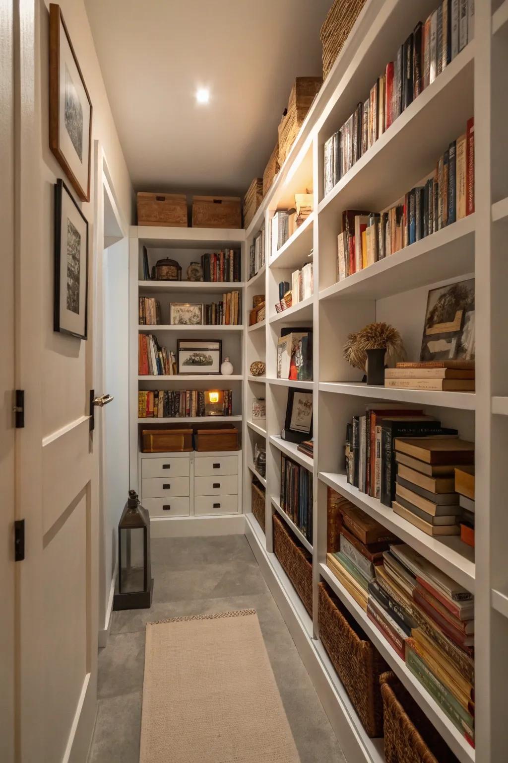 Vertical shelves keep this small room tidy and stylish.