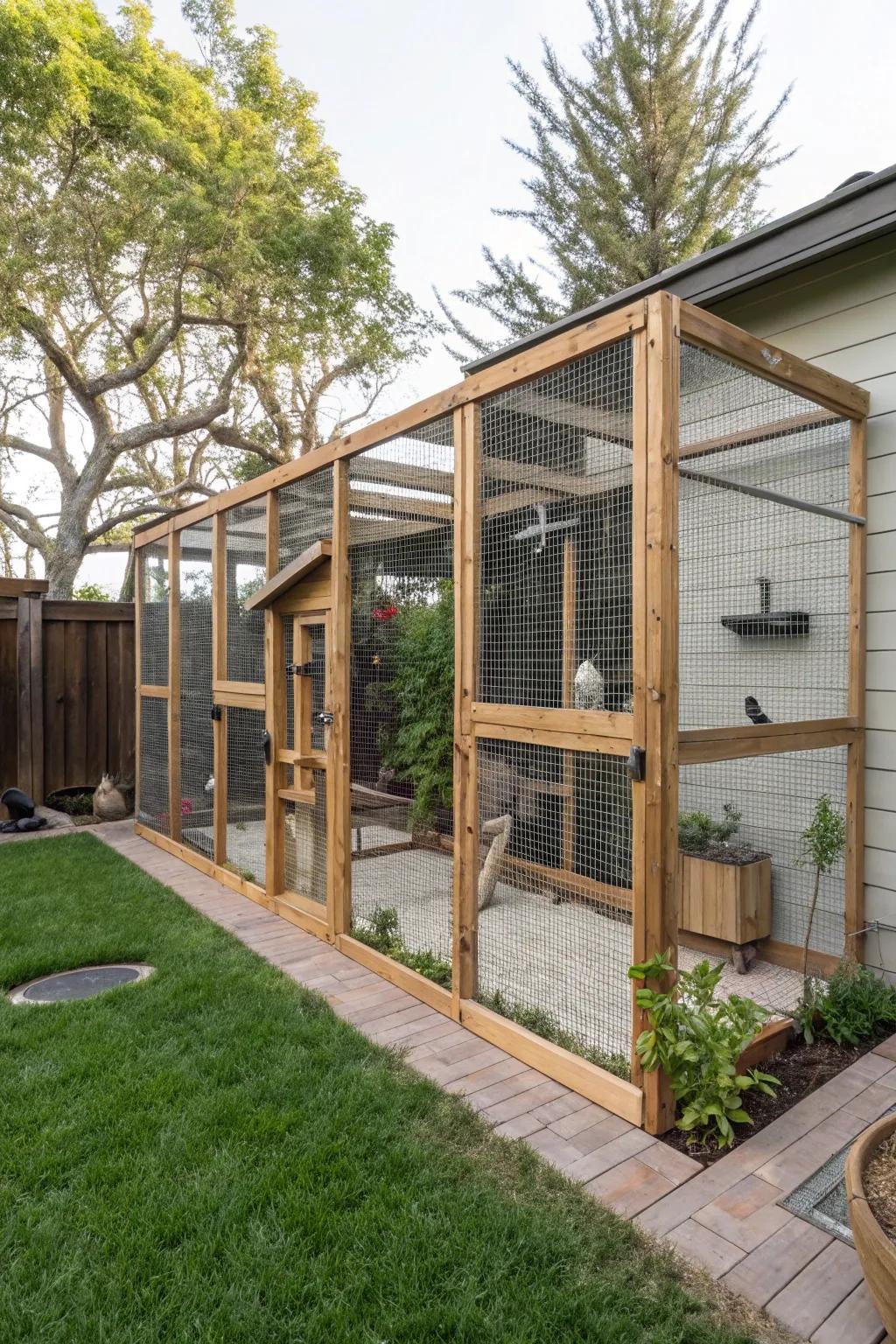 A safe and stylish enclosed catio for outdoor feline fun.