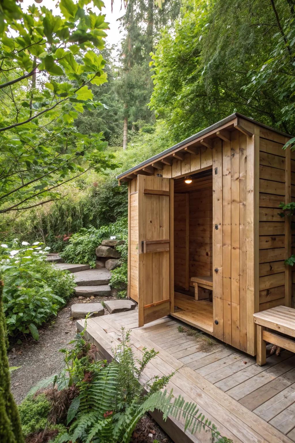 A rustic wooden enclosure that offers privacy and a touch of nature.