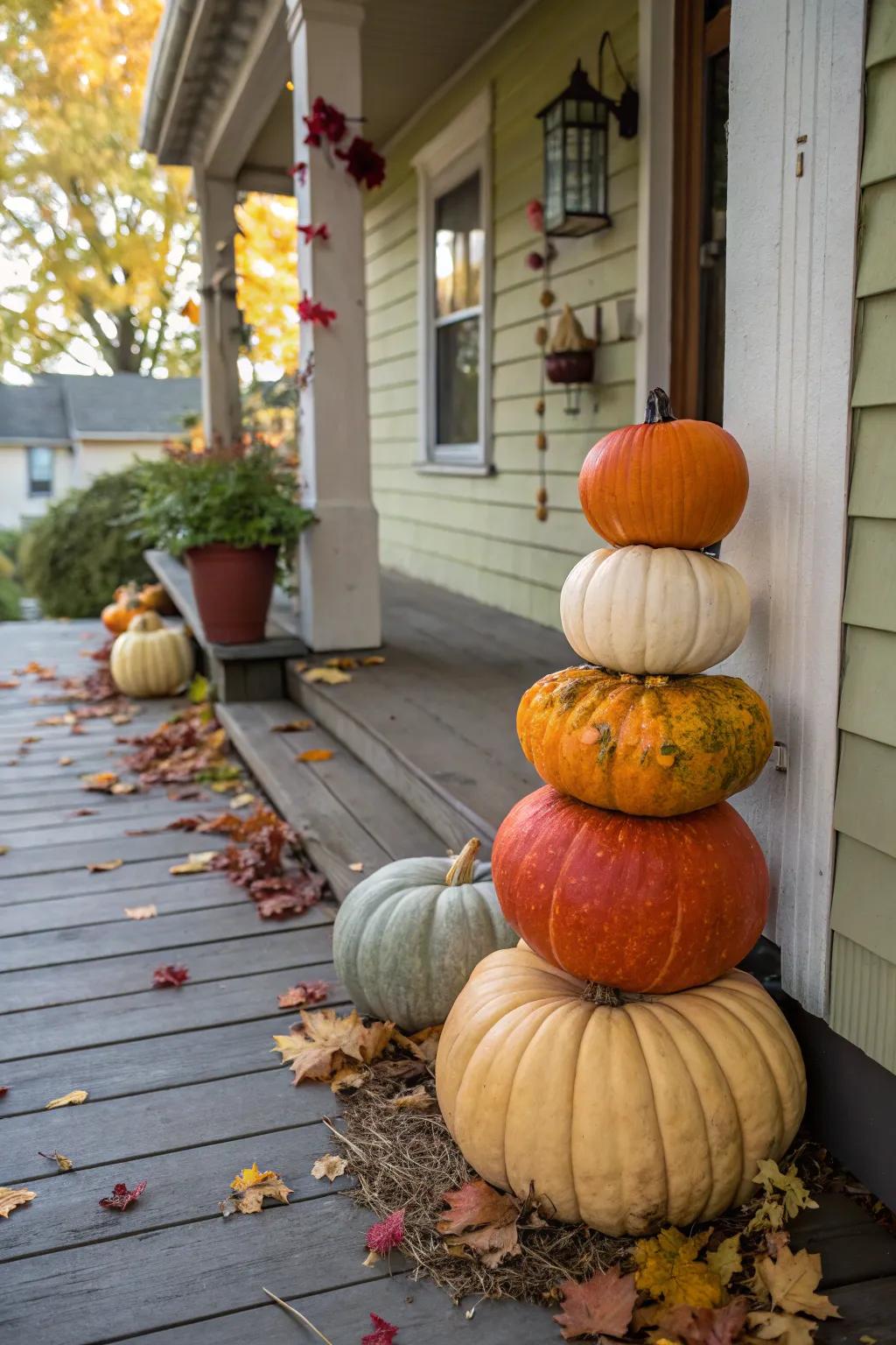 A stack of assorted pumpkins creating a delightful fall focal point.