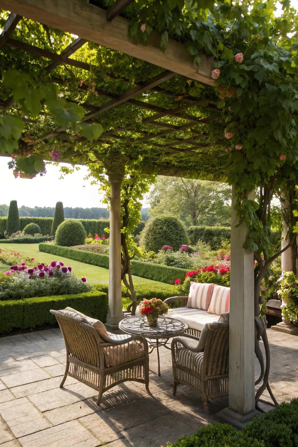 A cozy pergola offering shade and style in a garden room.