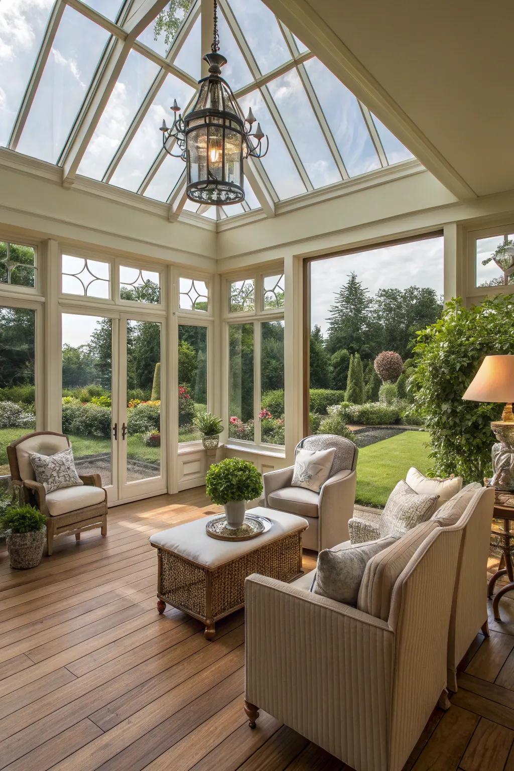 A sunroom masterfully blending the outdoors in, with both flair and ease.
