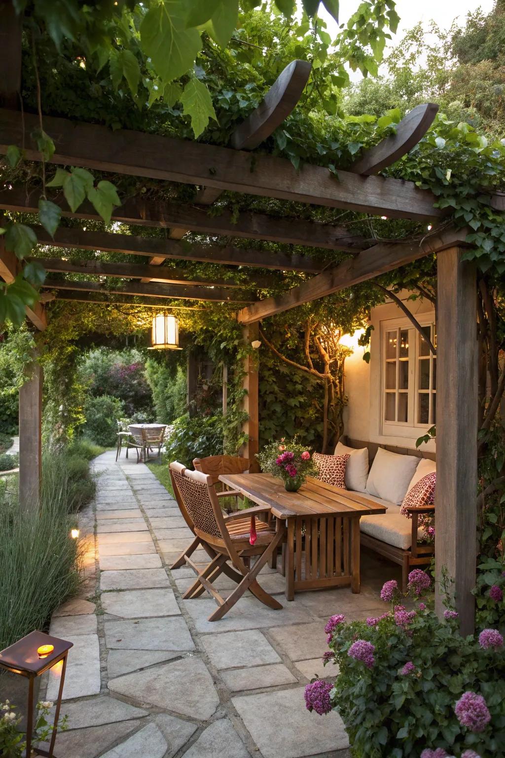 A pergola draped in greenery offers a serene and shaded retreat.