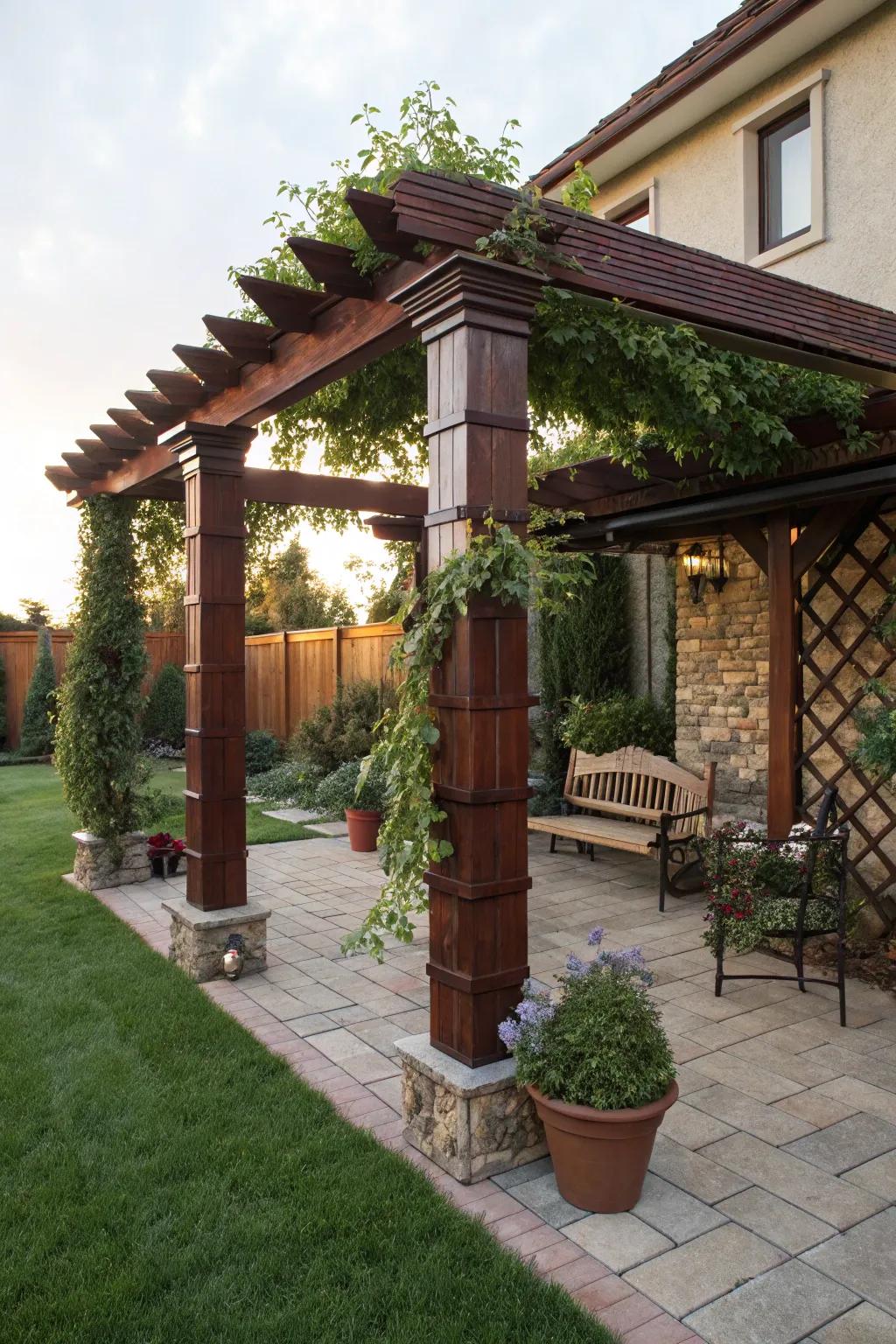 Classic timber encasement lends enduring grace to pergola supports.