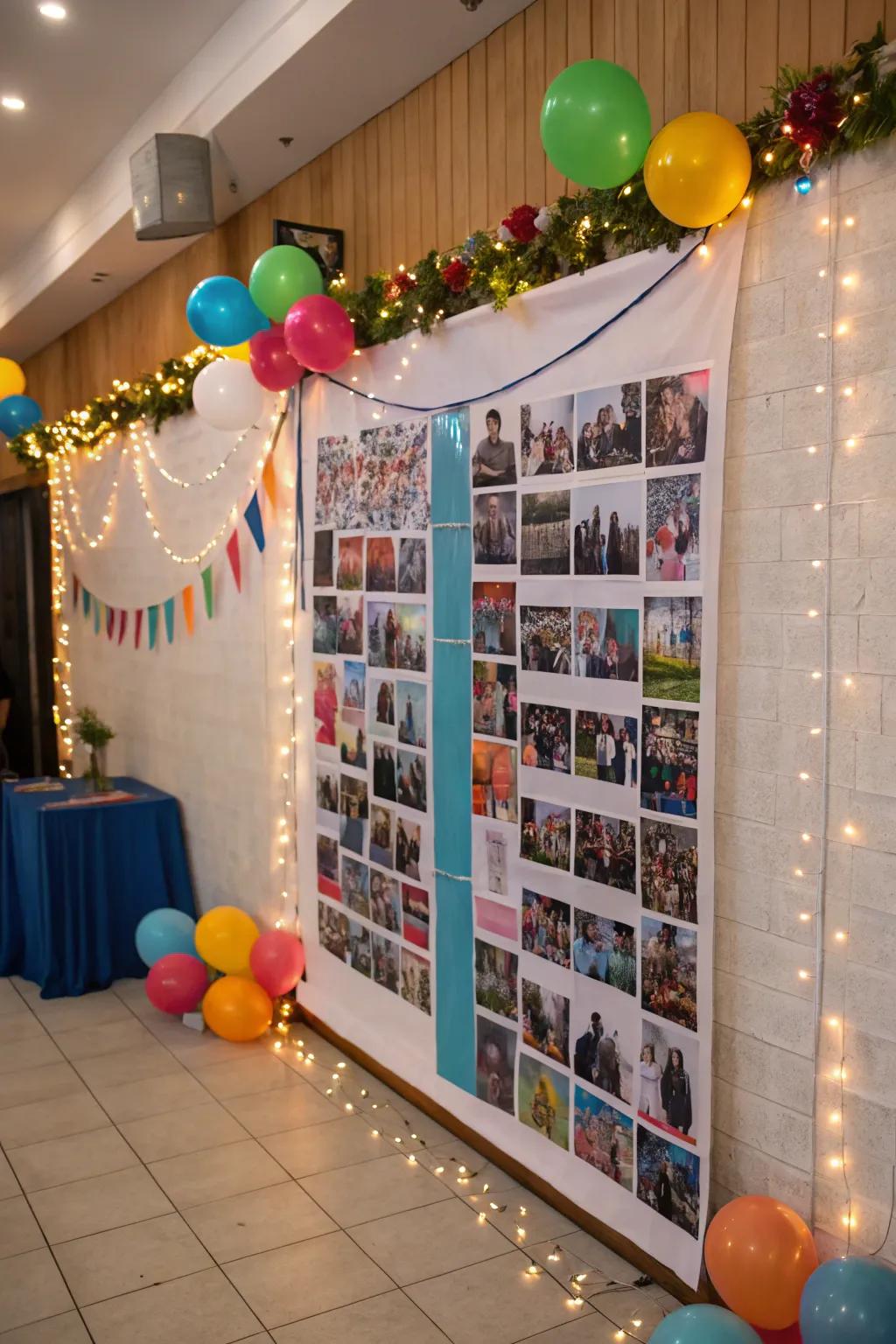 A giant photo collage makes for an impressive party backdrop.