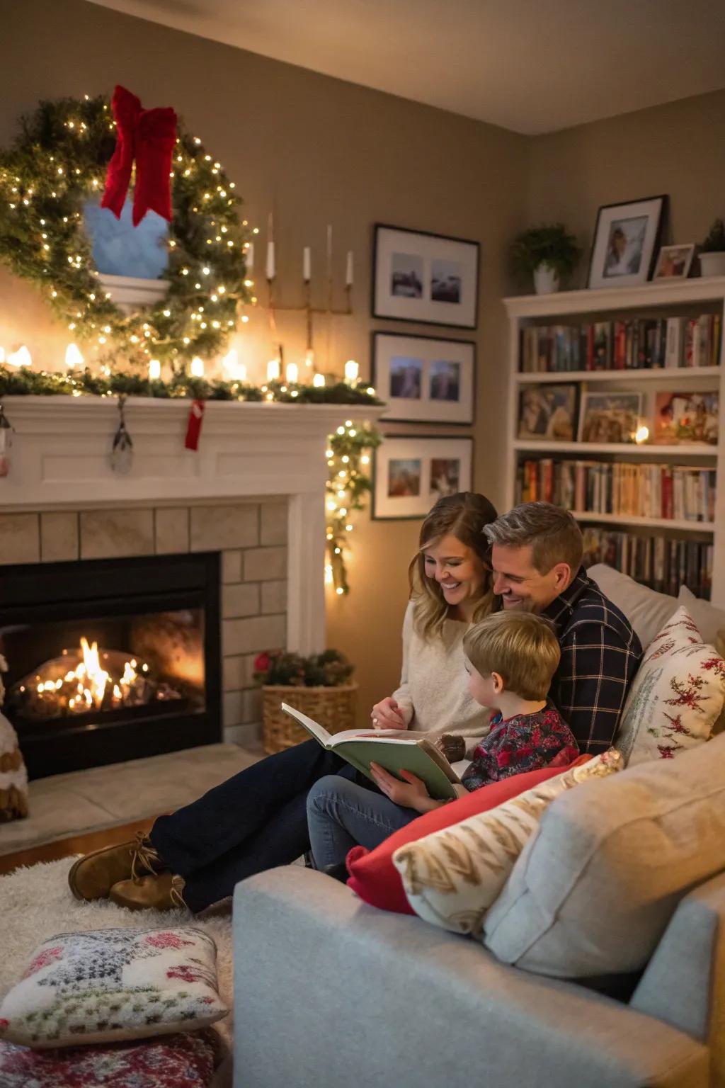 A family reveling in a serene moment around a beautifully adorned fireplace.