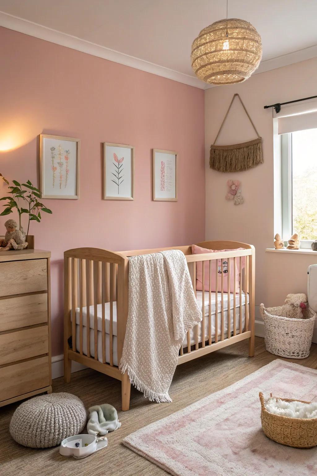 Blush-tinted walls infuse the nursery with serenity and charm.