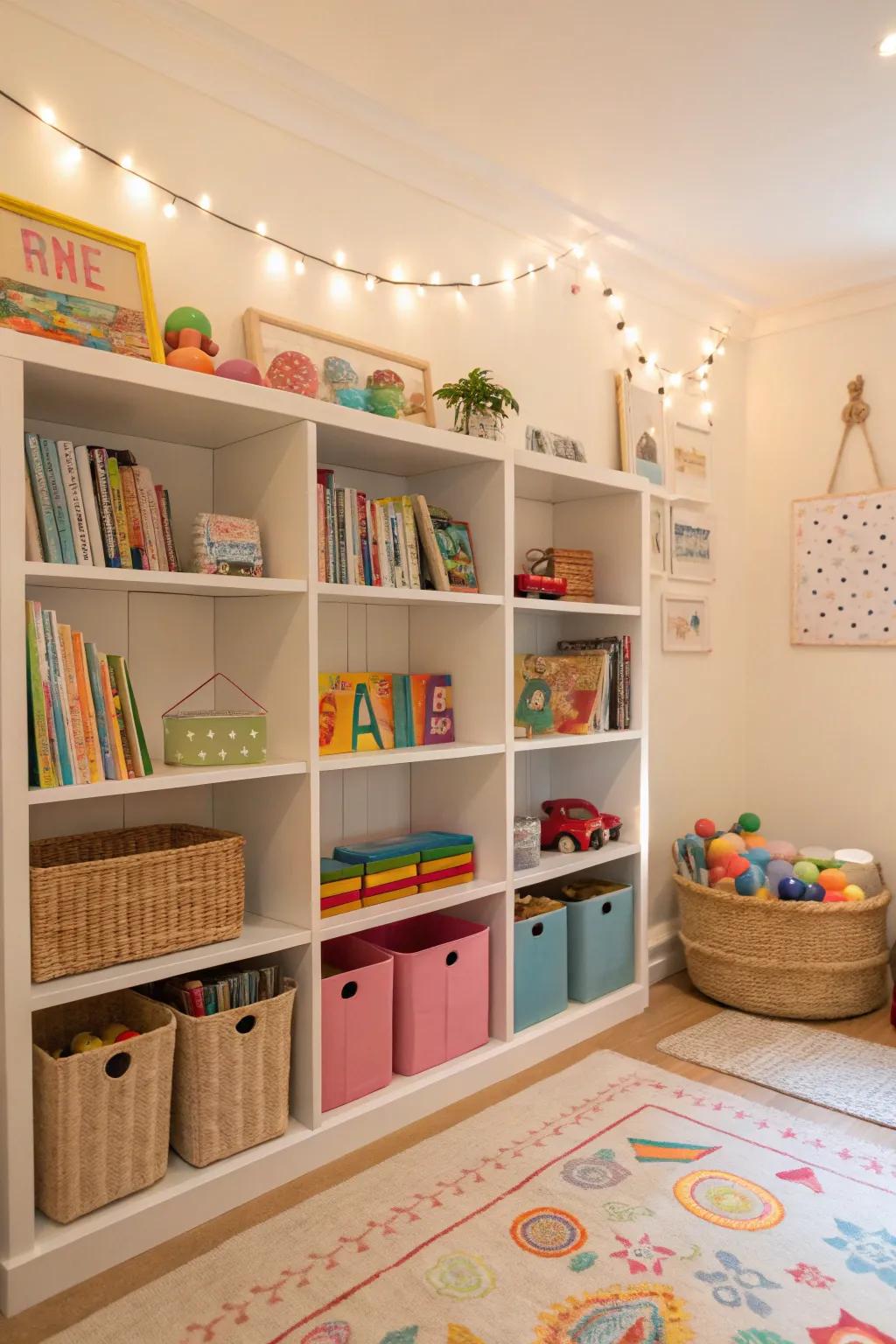 Open shelving filled with colorful toys and books, inviting children to explore.