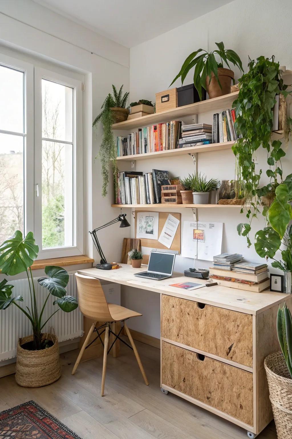 A plywood desk and shelving bring style and functionality to a home office.