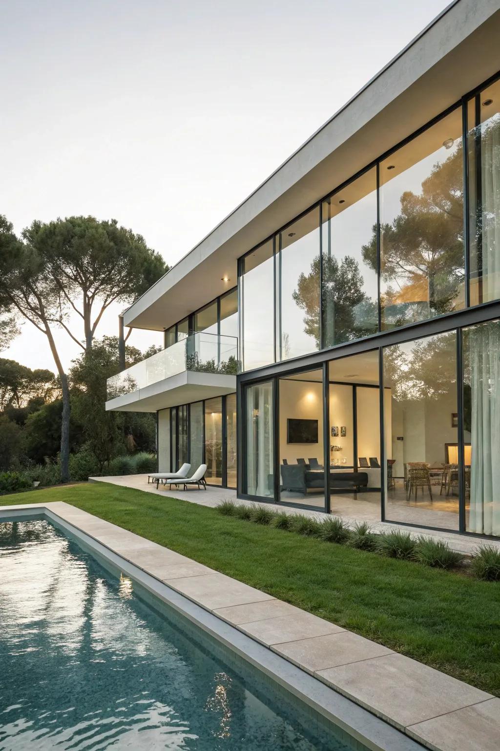 A sleek modern pool house design that seamlessly blends with its surroundings.