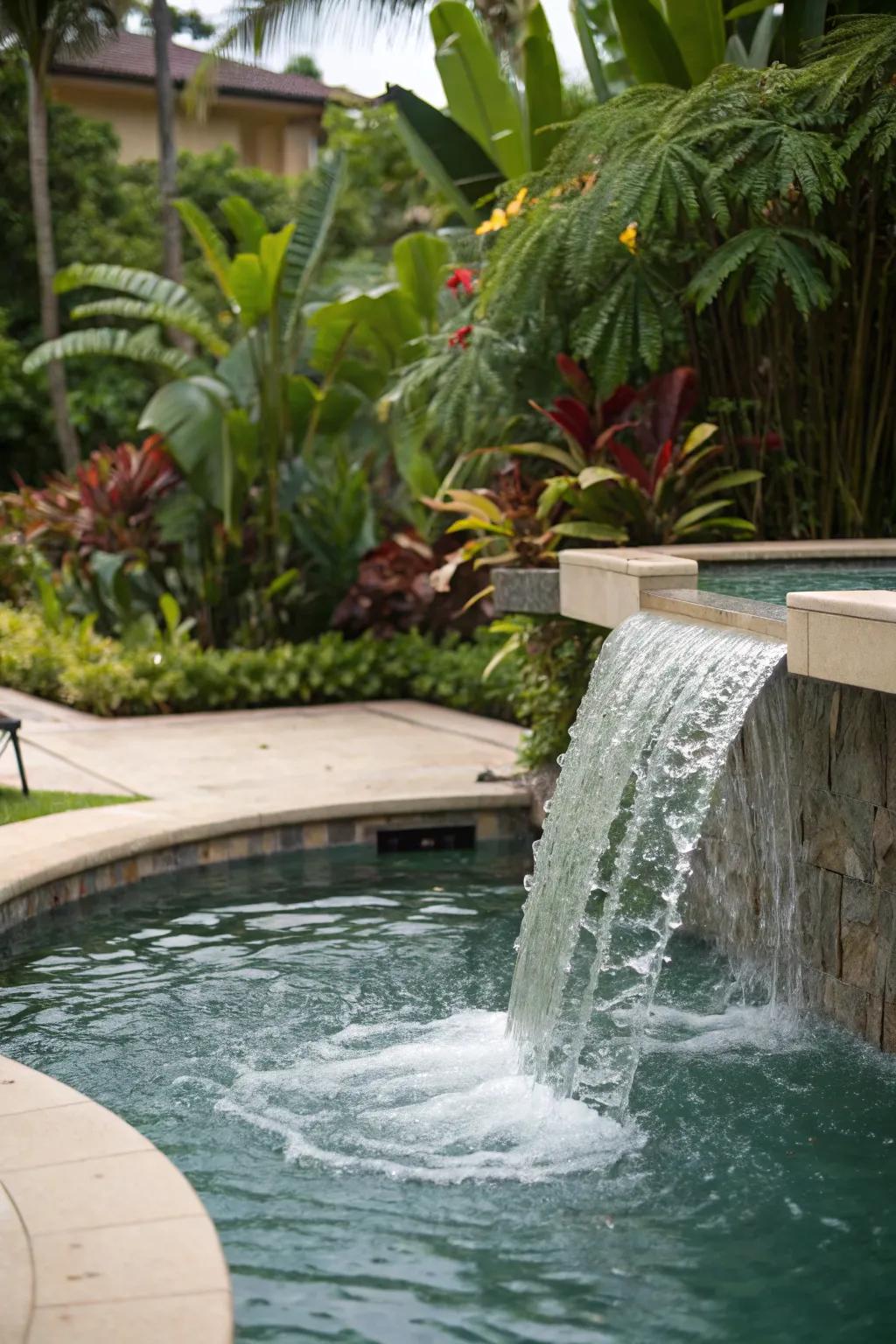 Immerse yourself in peace with a jacuzzi featuring a waterfall gracefully merging into the pool.