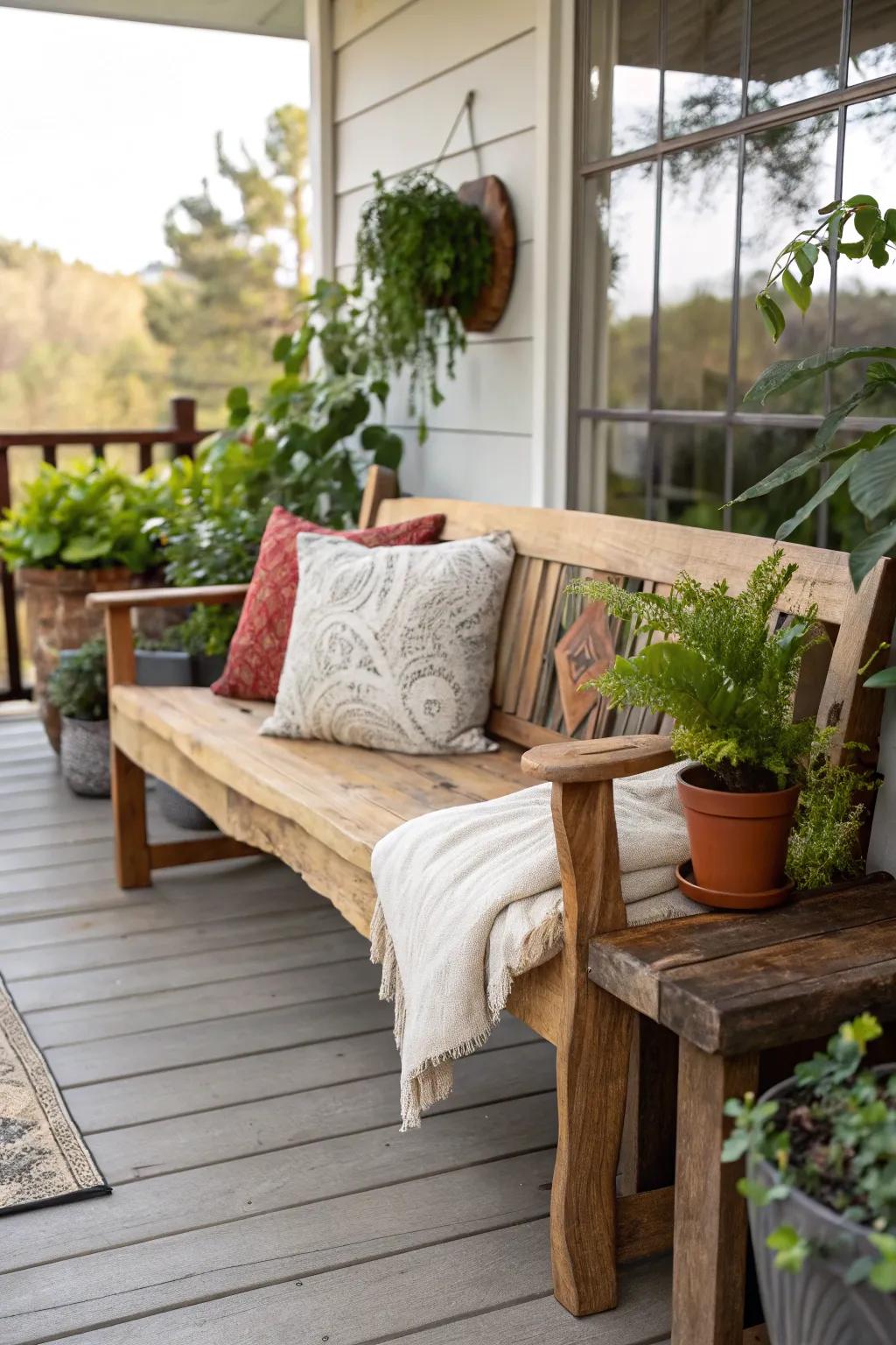 A rustic live edge wood bench adds charm to any porch.