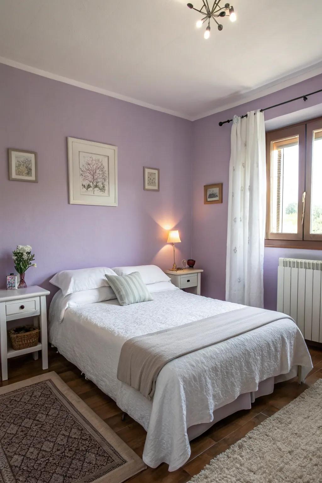 Lavender walls create a soothing atmosphere in this minimalistic bedroom.