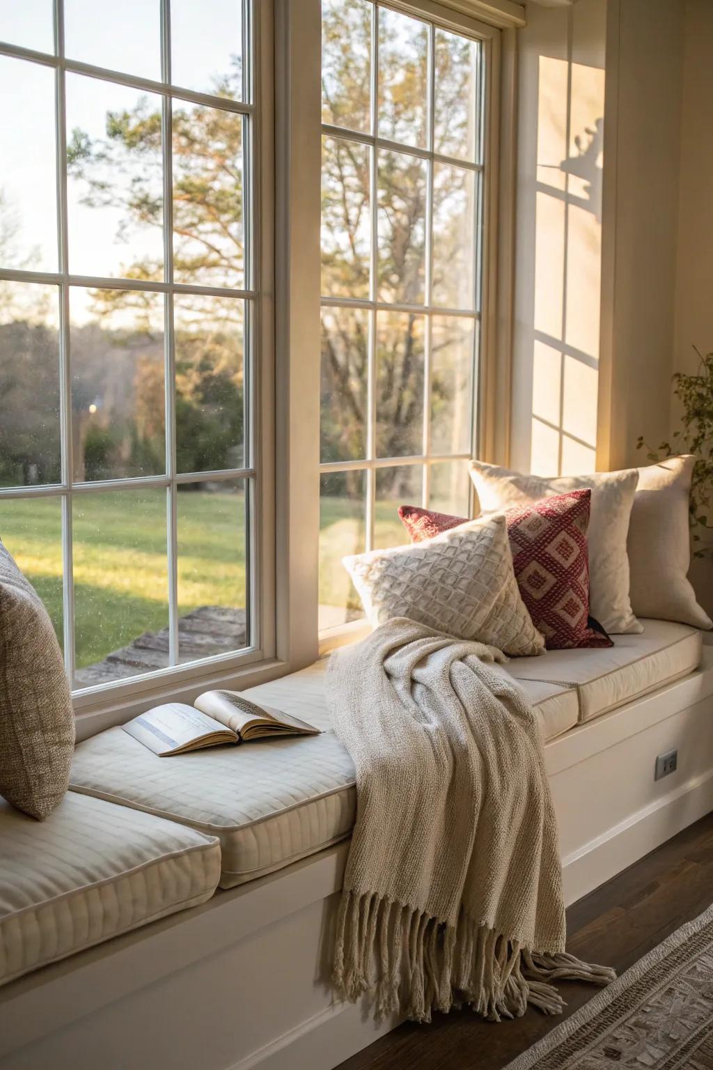 A window seat transformed into a cozy reading retreat.