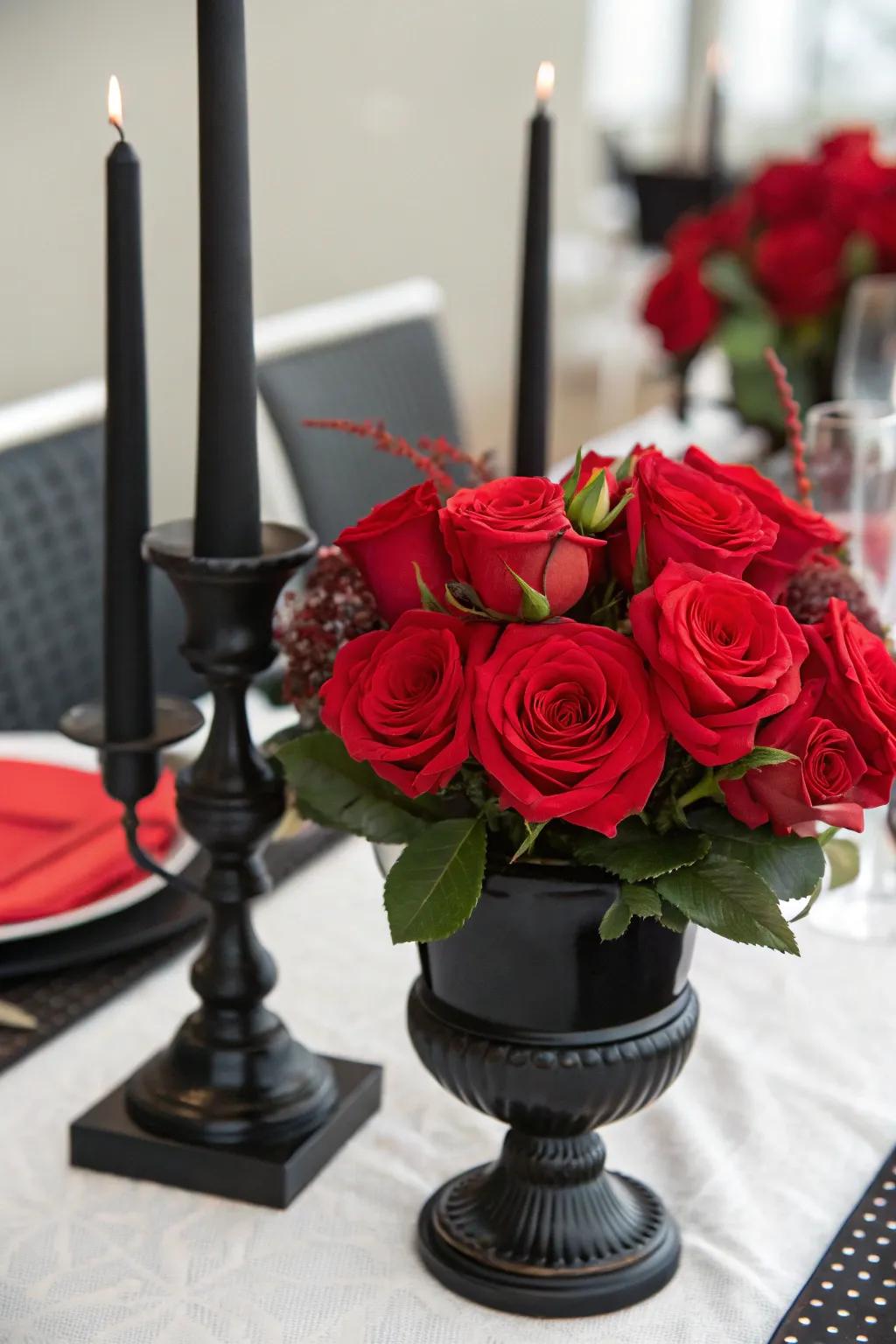 Red roses in a black vase paired with black candle holders create a romantic centerpiece.