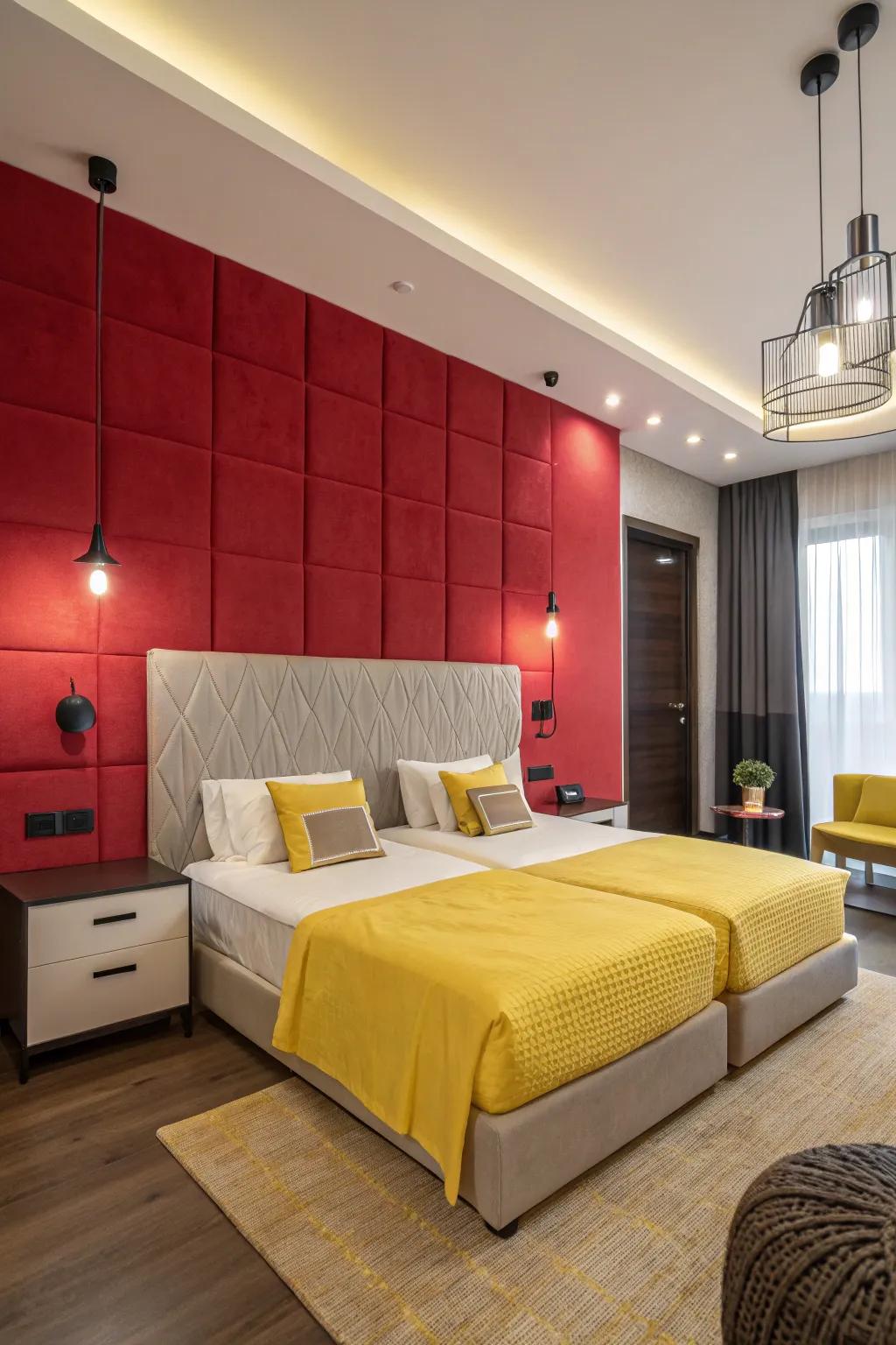 The striking scarlet focus wall enhances the gold bedding, creating a remarkable visual in this inviting bedroom.