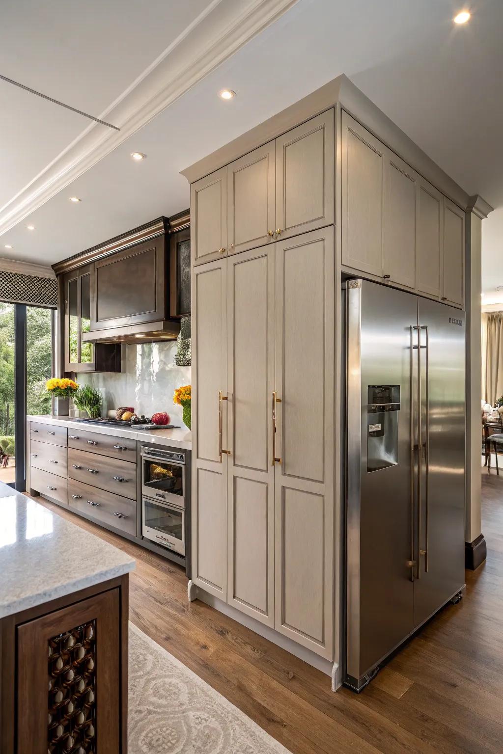 A kitchen where the refrigerator is cleverly concealed behind custom cabinetry panels.