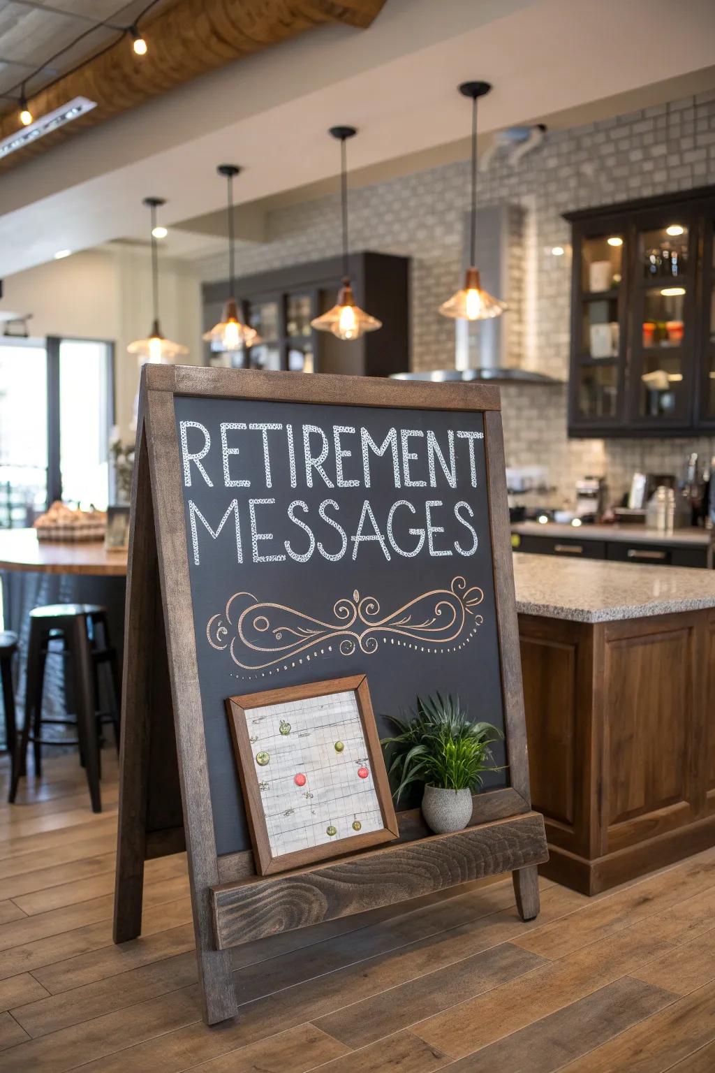 A whimsical chalkboard sign adds charm to any retirement celebration.