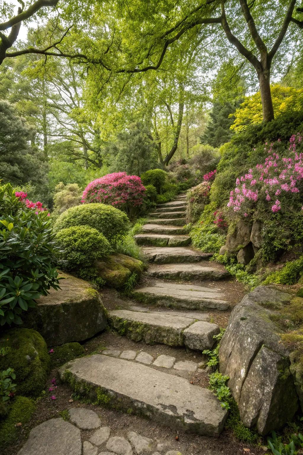 Natural rock steps create a rustic and charming garden path.