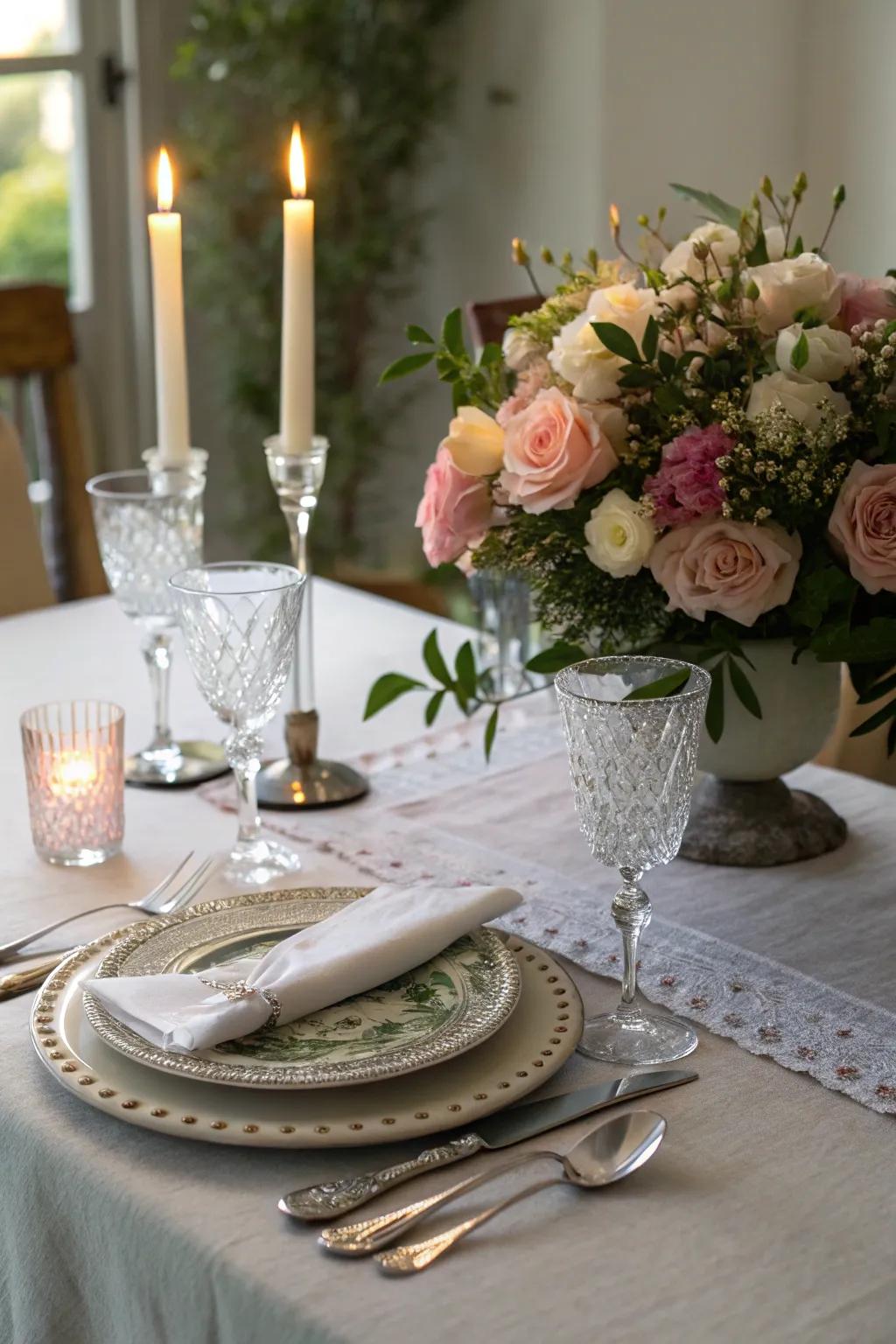 Set the scene for romance with a beautifully arranged candlelit dinner.