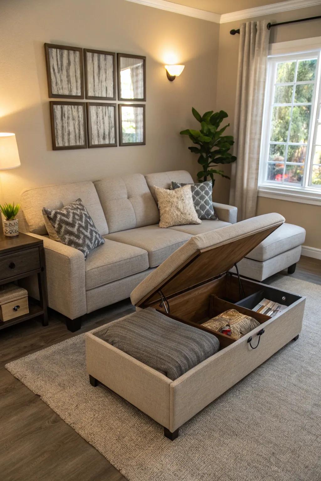 A chic living room featuring multifunctional furniture for a stylish and practical setup.