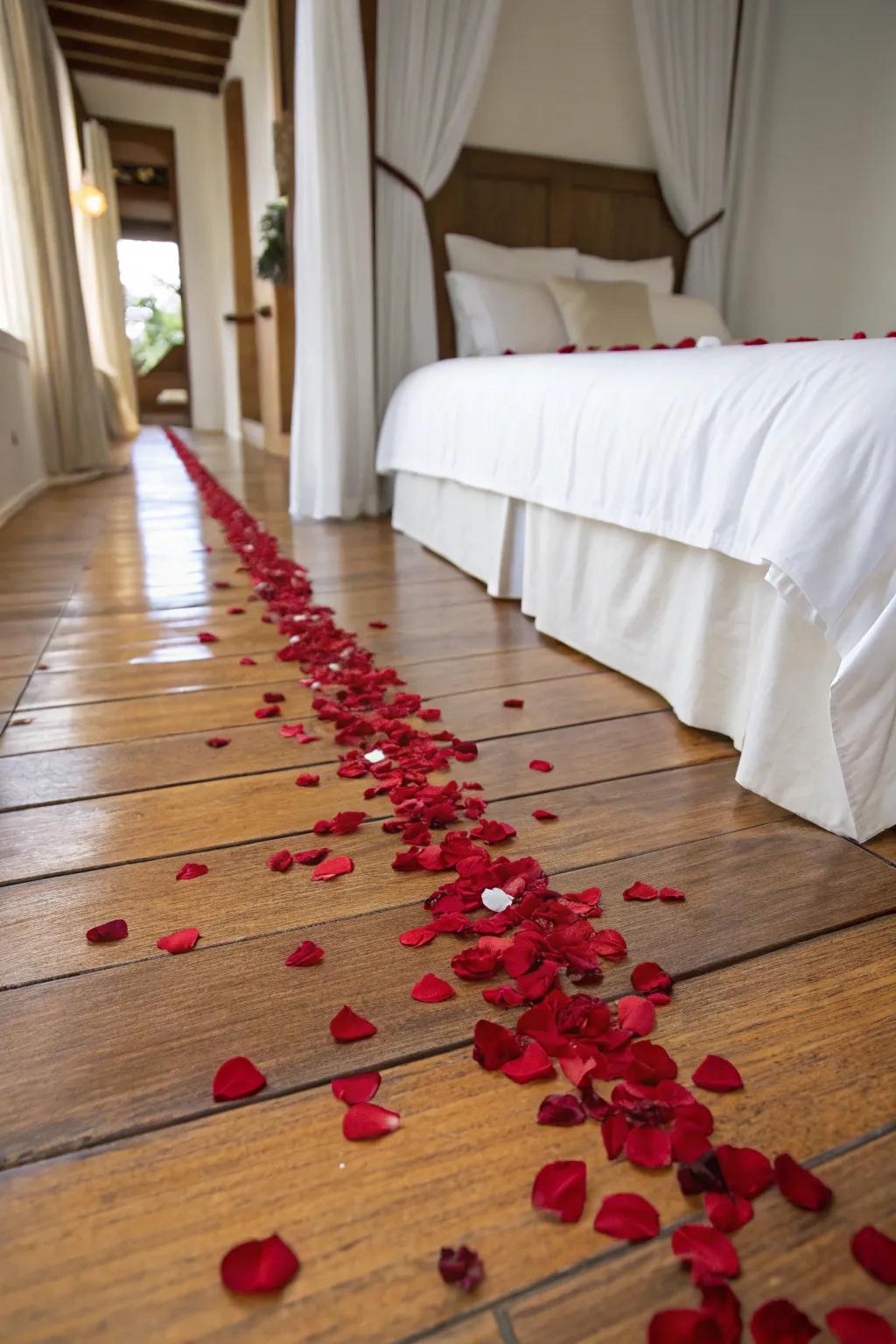 A classic rose petal path leading to the bed.