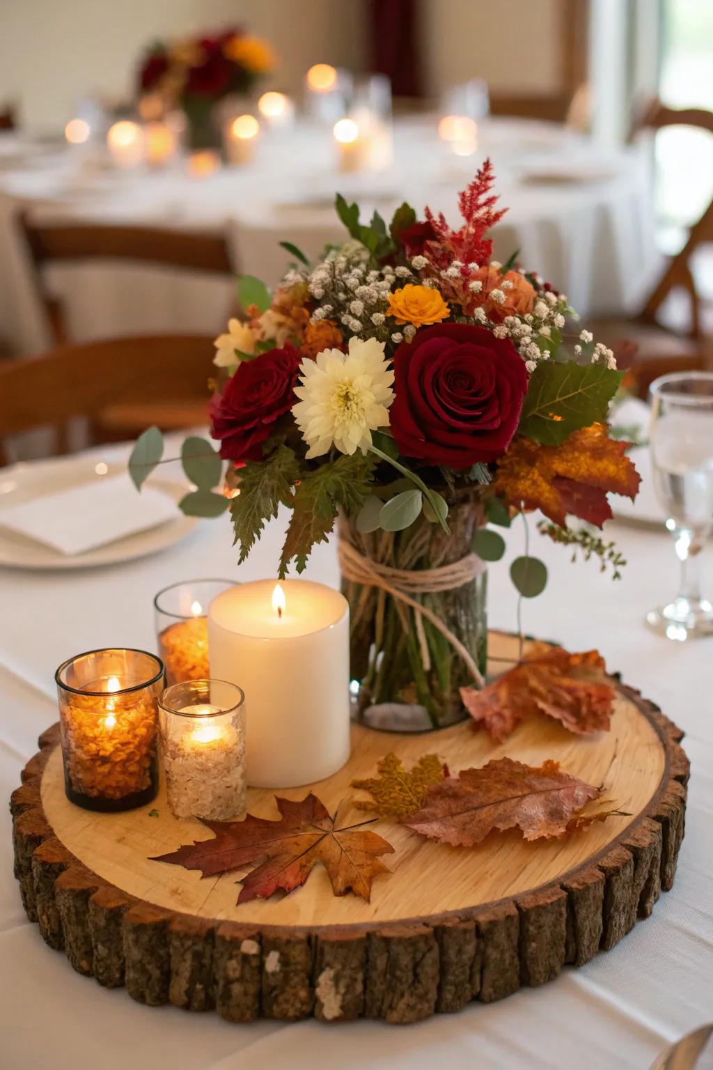 Wood slice base centerpiece with flowers and candles