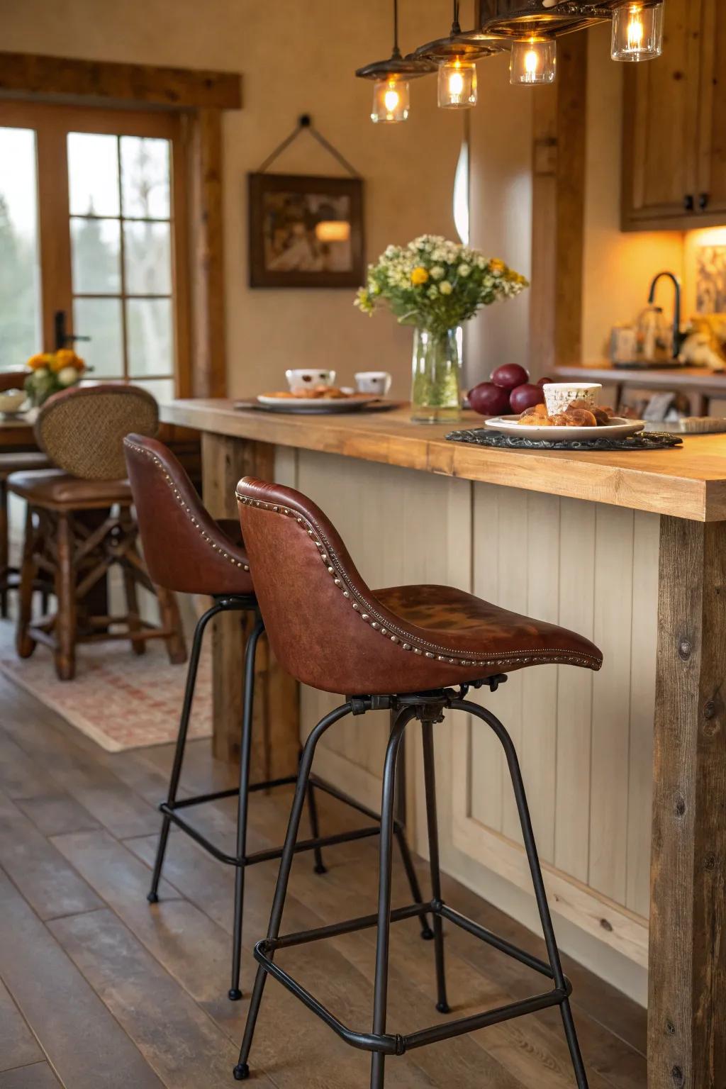 Saddle-inspired bar stools add a touch of rustic charm to this inviting kitchen.