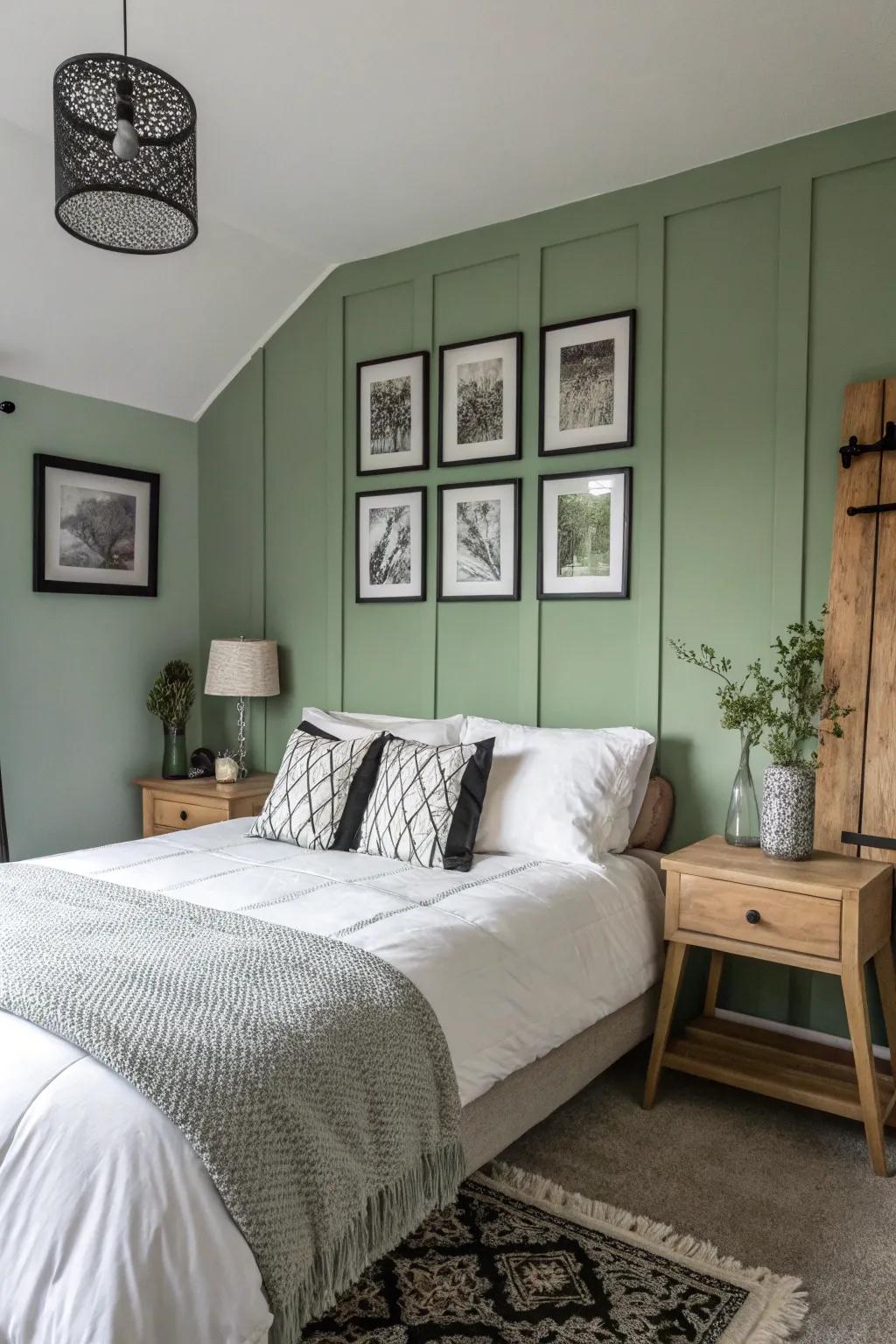 A sage green accent wall creates a serene backdrop for contrasting decor.