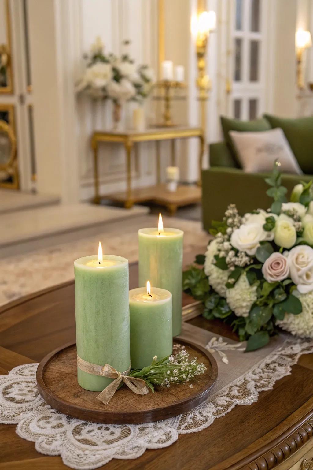 Sage green candles create a serene ambiance in any space.