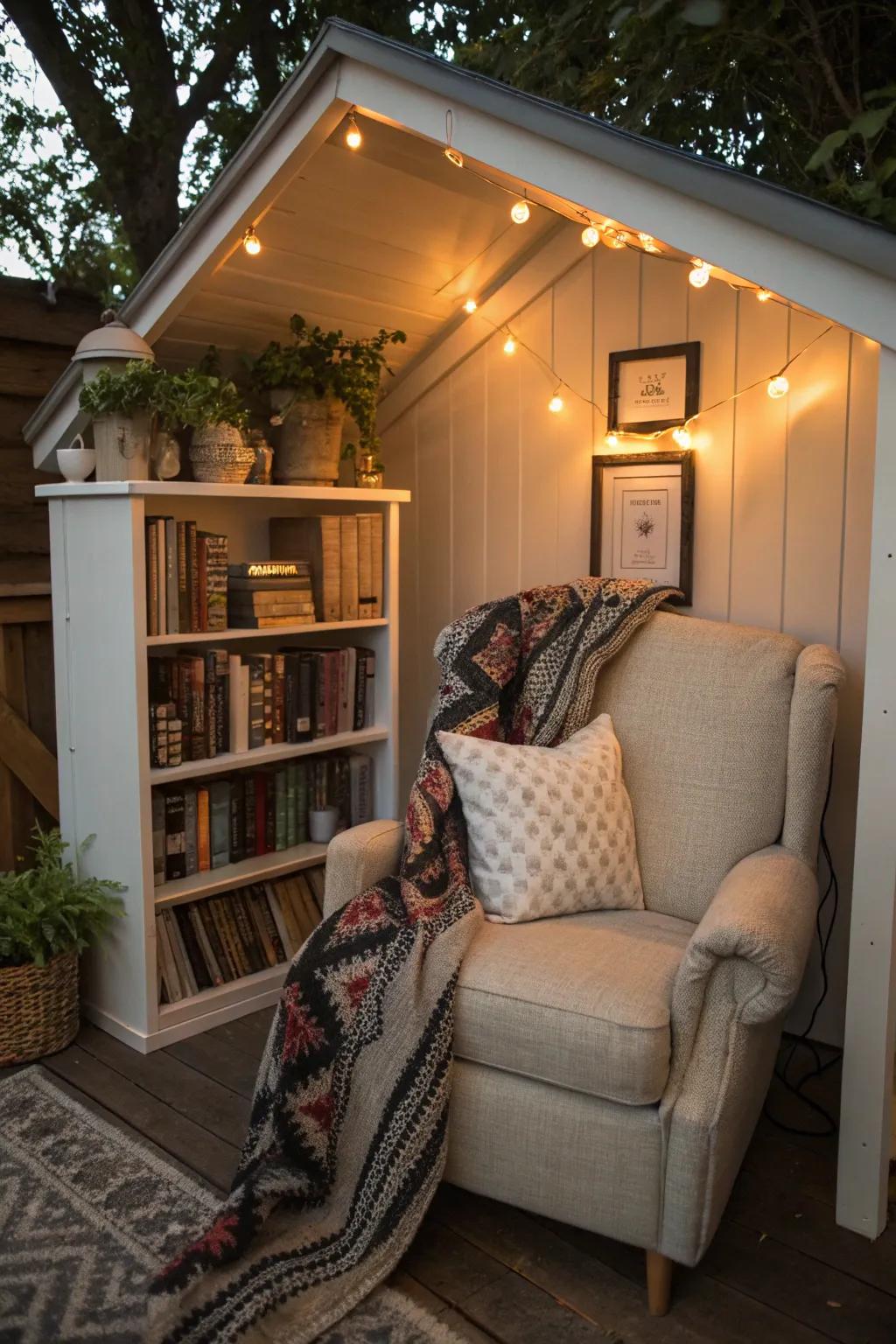 A serene reading corner in a she shed, perfect for avid readers.