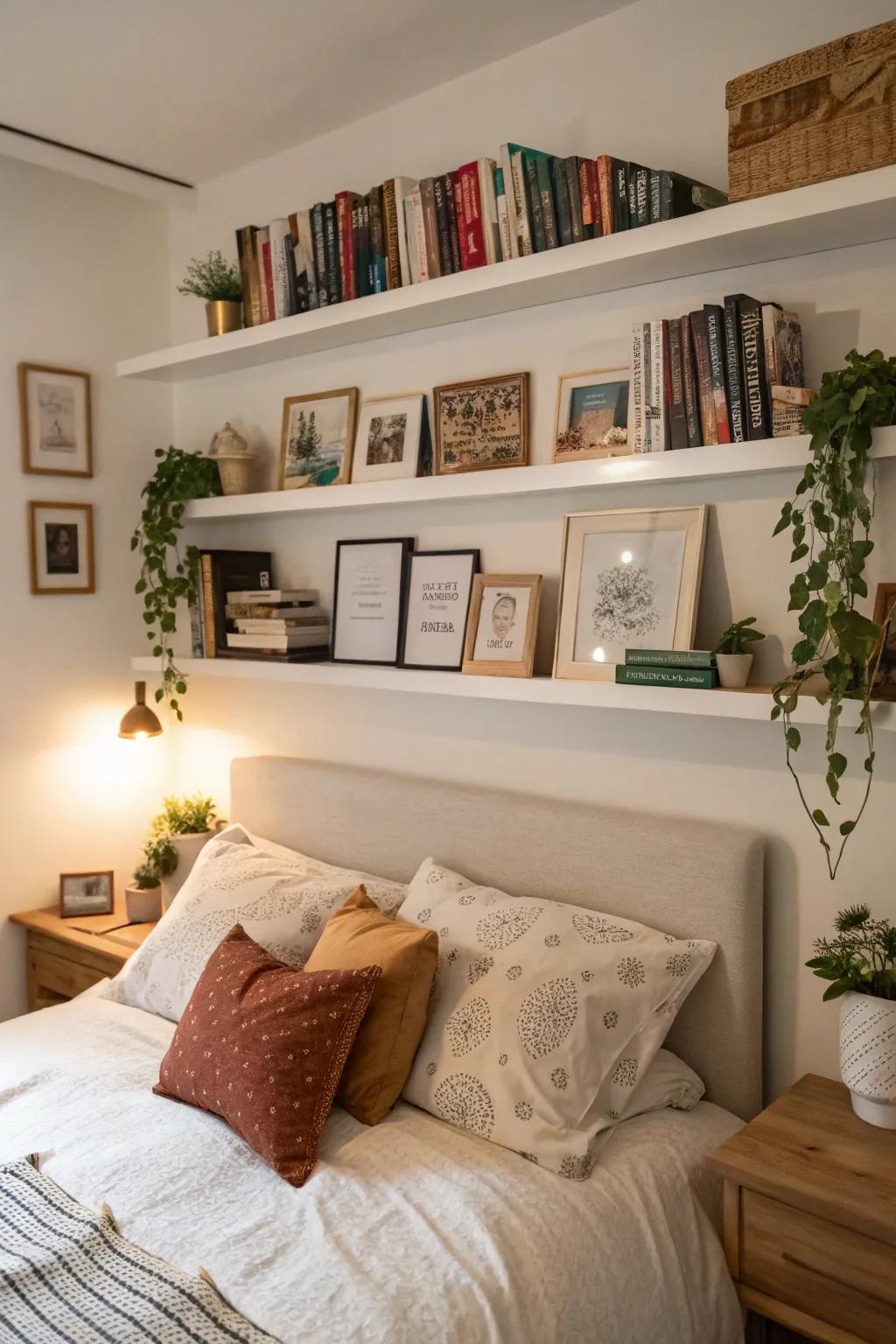 Floating shelves above the bed for easy access to books and decor.