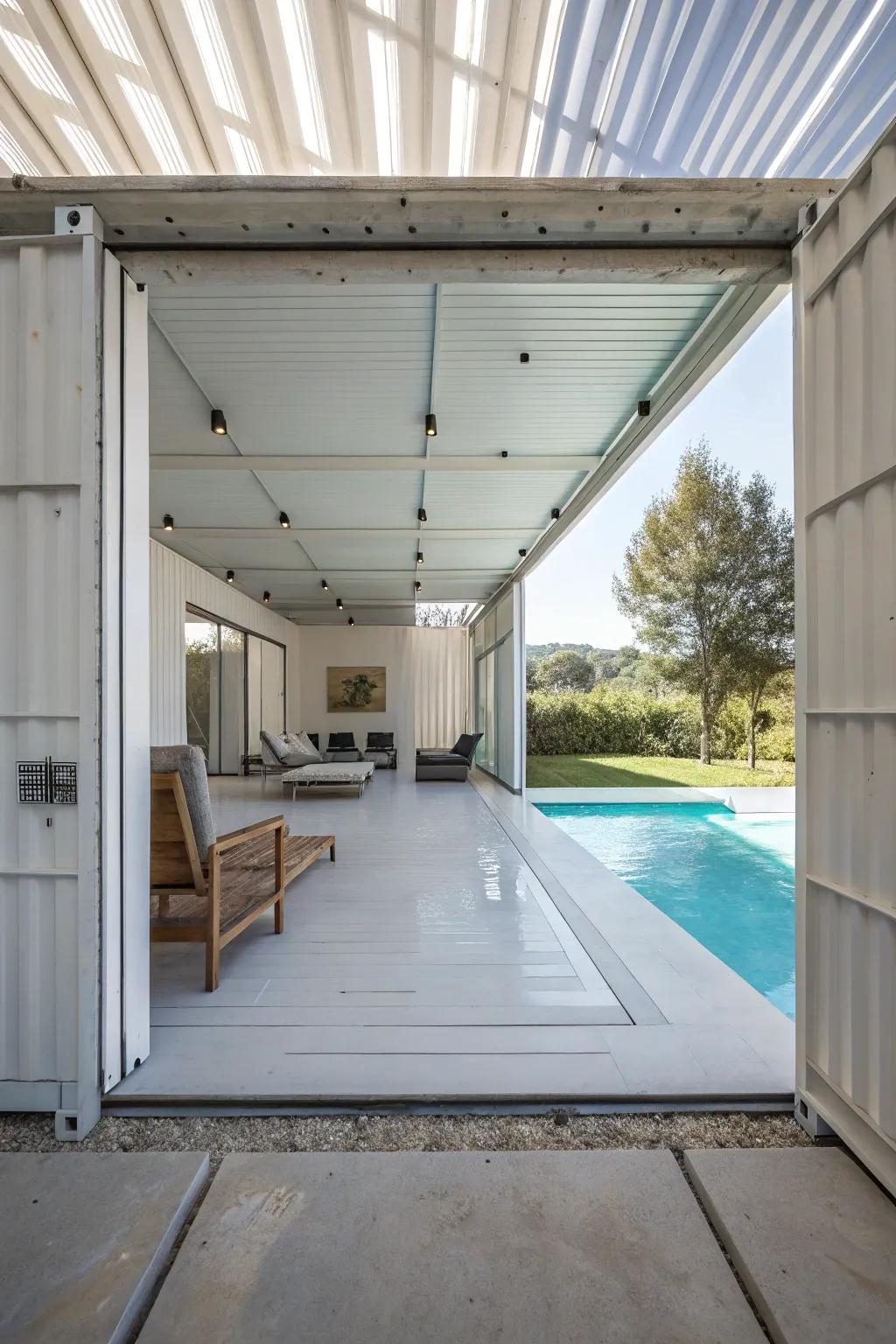A minimalist pool house characterized by sleek design and simplicity.