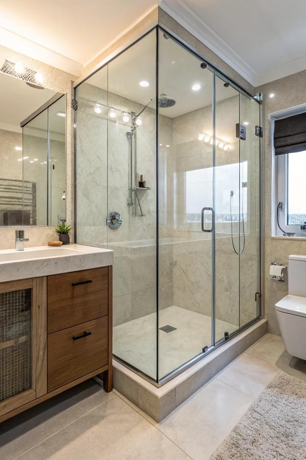 A minimalist glass-enclosed shower stall that enhances the sense of space in the bathroom.