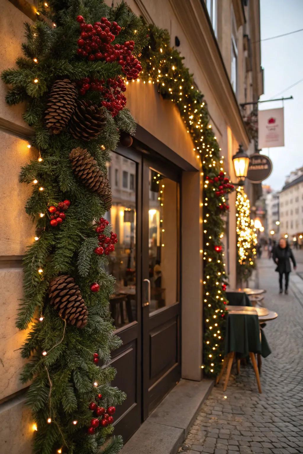 An enchanting entrance that welcomes patrons with yuletide joy.