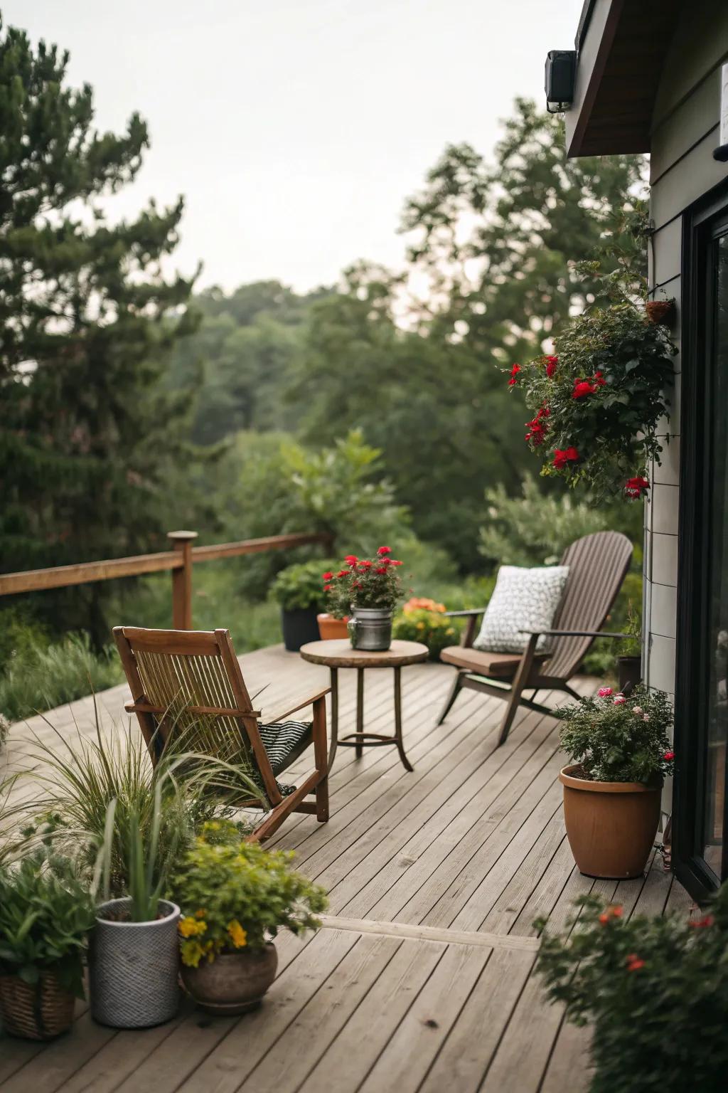 A simple wooden deck with potted plants creates a serene outdoor retreat.