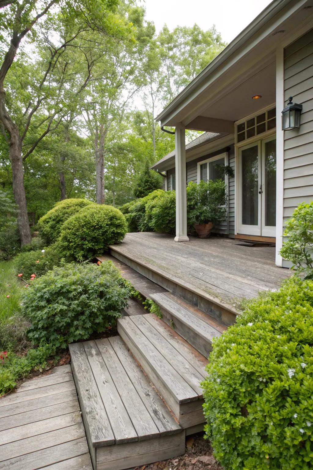 Simple wooden steps provide a natural charm to the home's entrance.