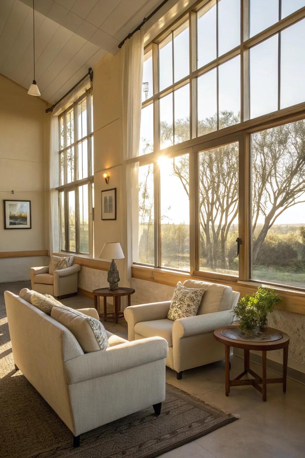 Sunlit sitting area that invites warmth and cheer.