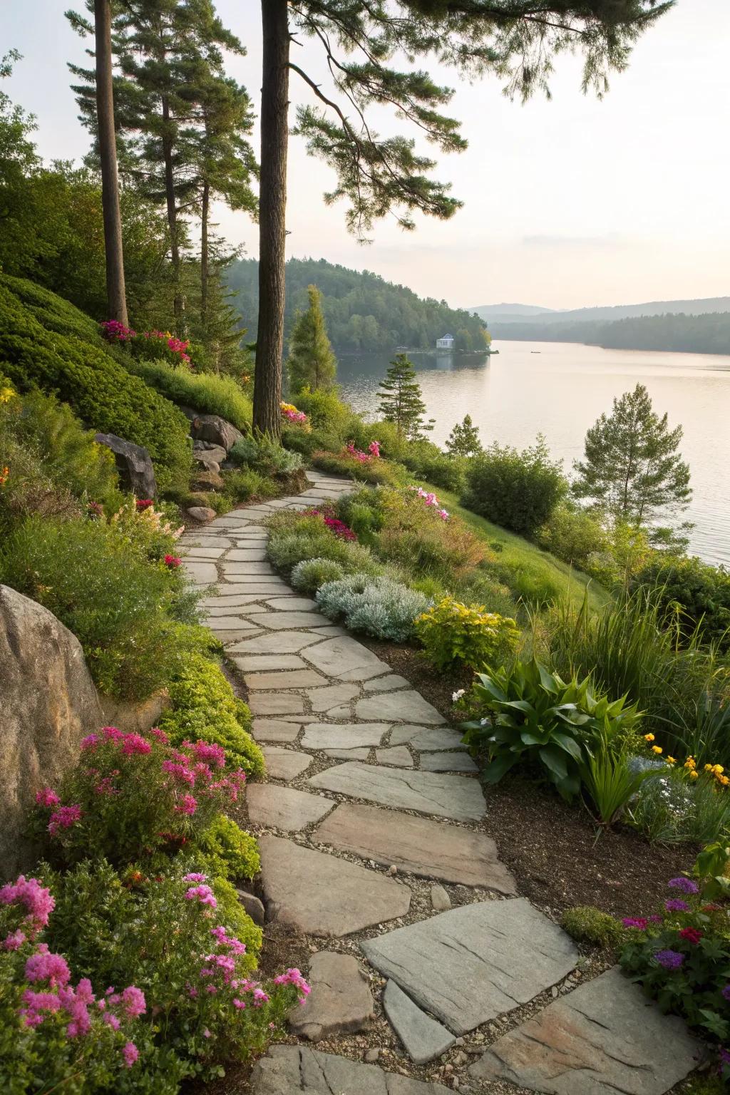 A charming stone pathway leading through a serene lakefront garden.