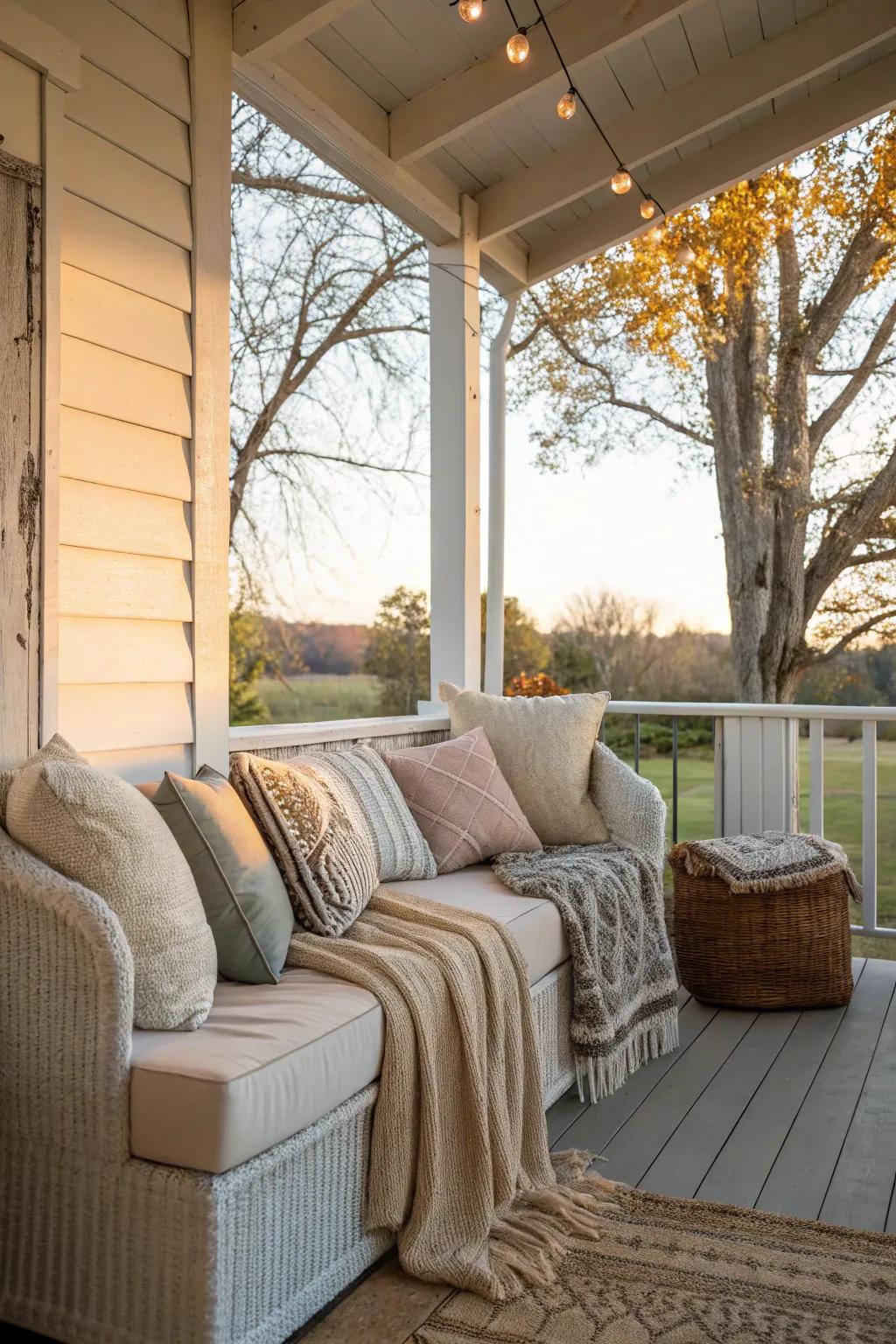 A cozy seating nook on a small back porch with inviting cushions and throws.