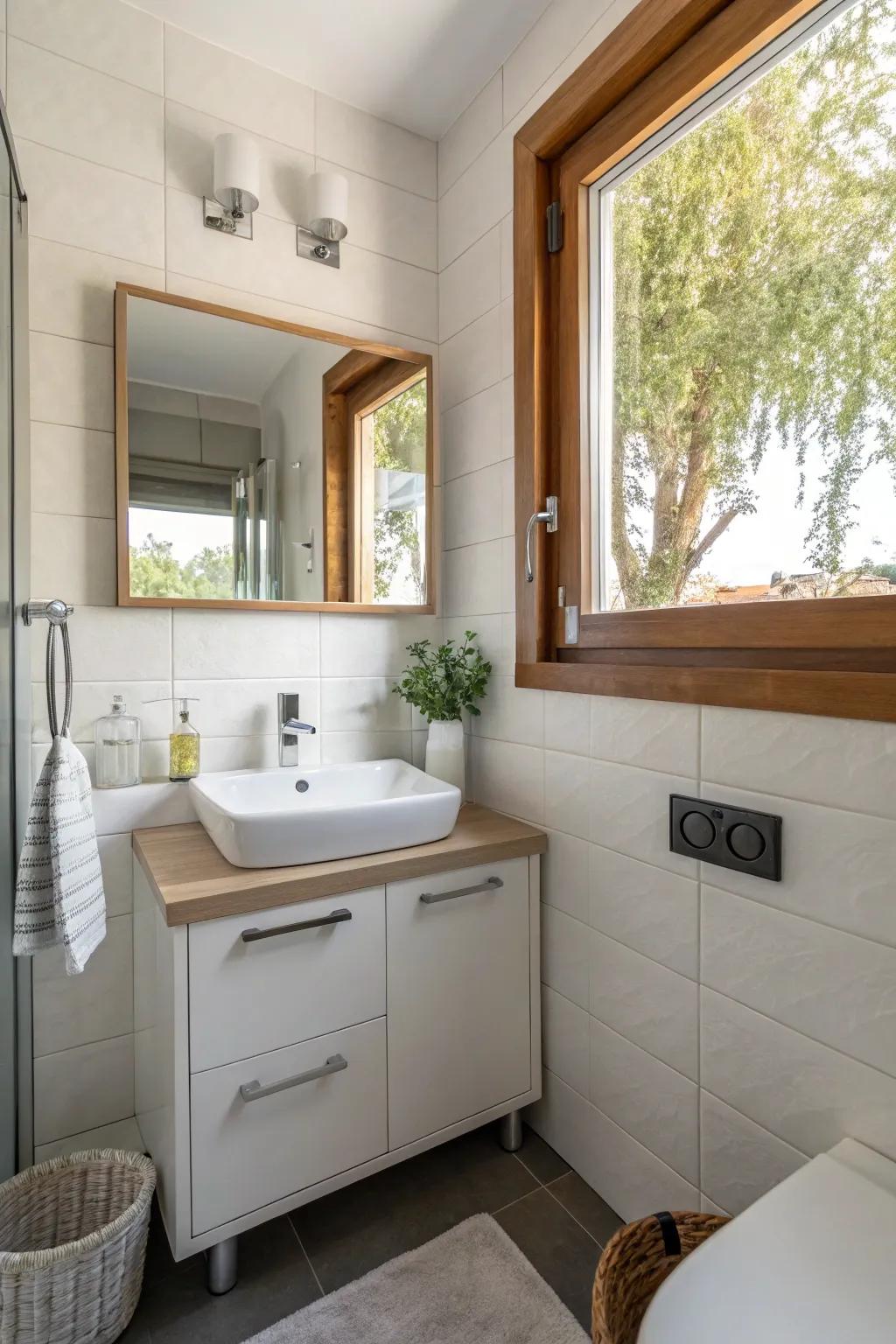 A space-saving corner sink in a stylish small bathroom.