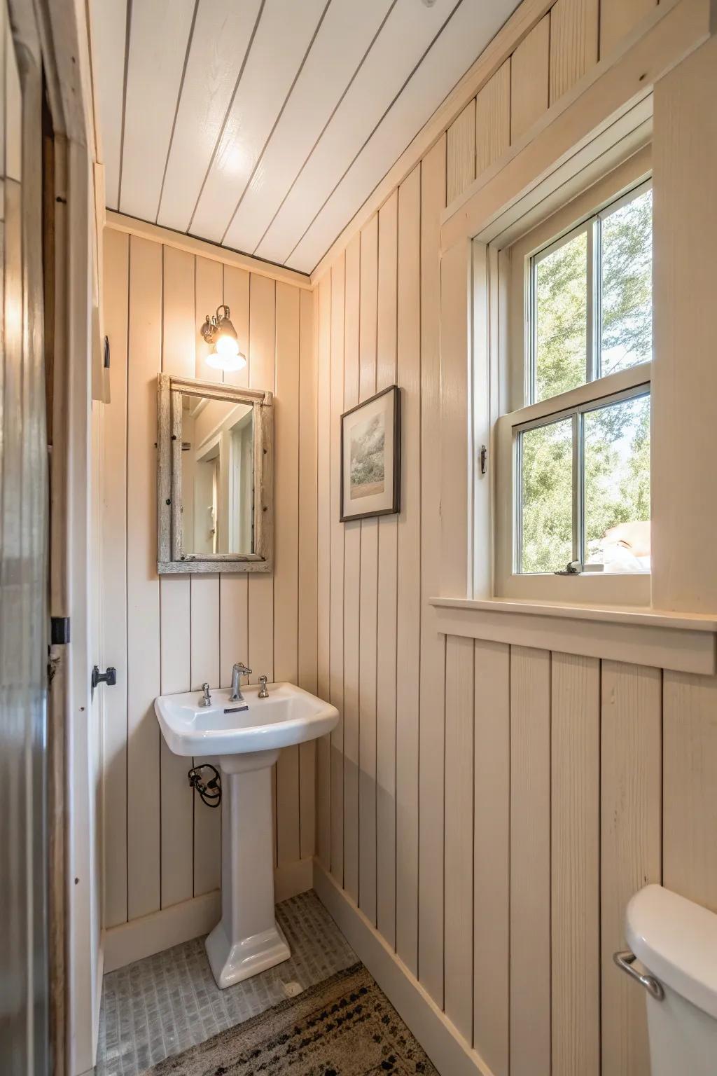 Vertical shiplap paneling in a small bathroom, creating a sense of height and openness.