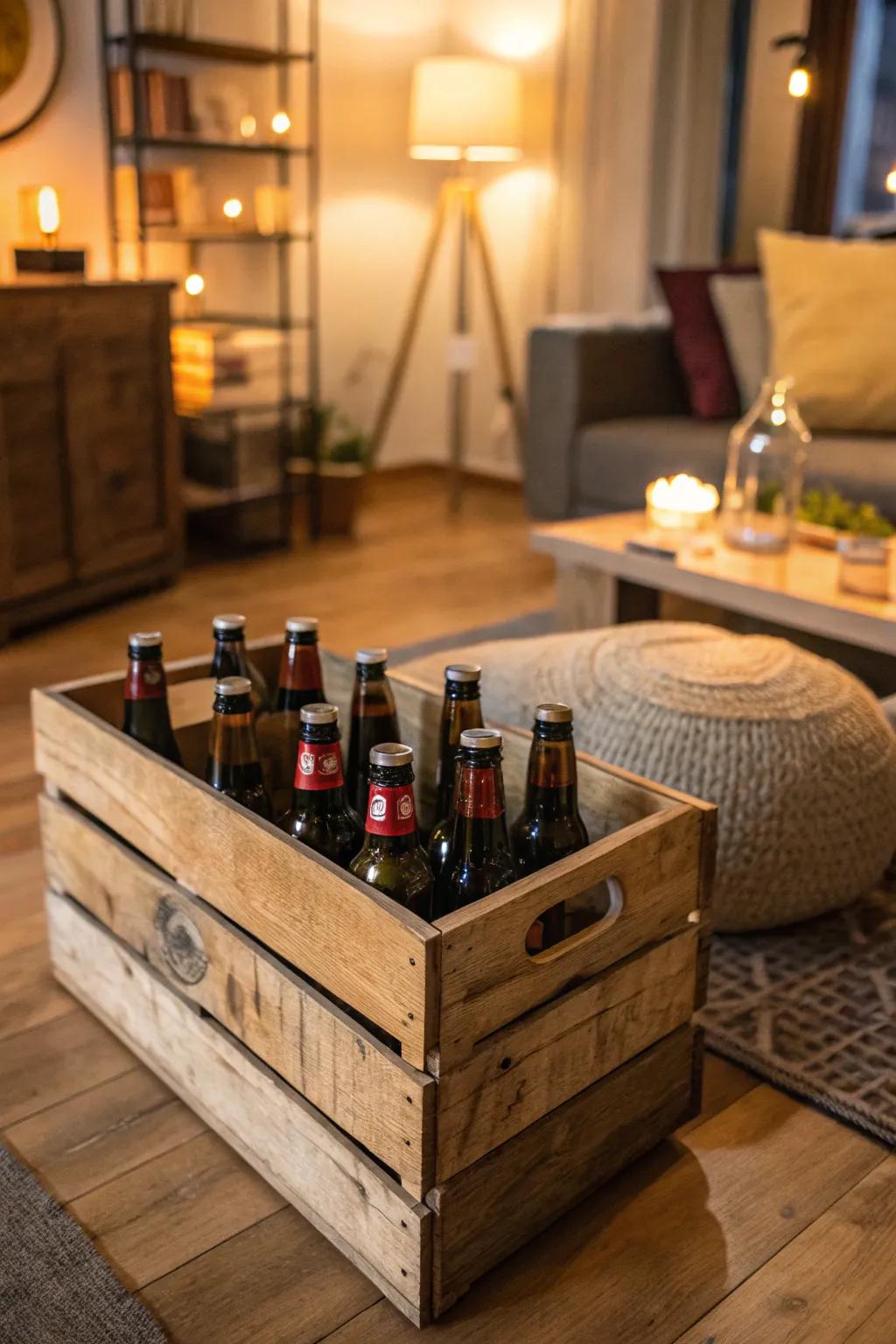 Rustic wooden box display exhibiting craft beers.