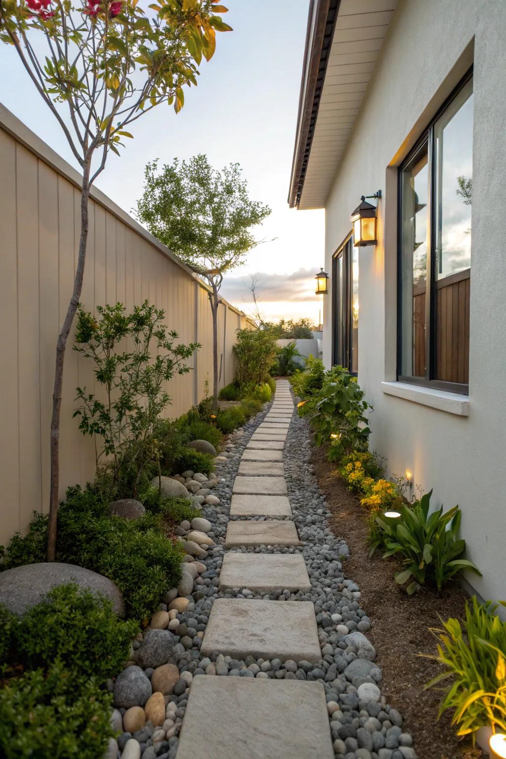 A stone pathway enhances the charm and functionality of a narrow side yard.