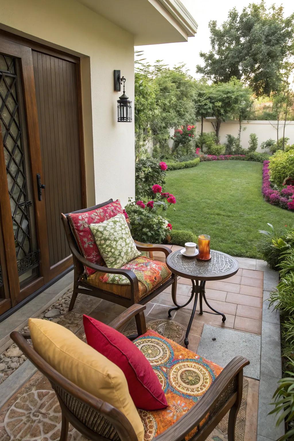 A small patio with a cozy seating nook, offering comfort and style.