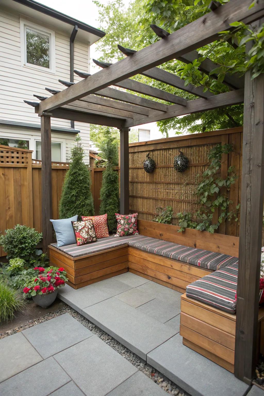 A compact pergola with built-in seating elegantly enhances a small patio space.