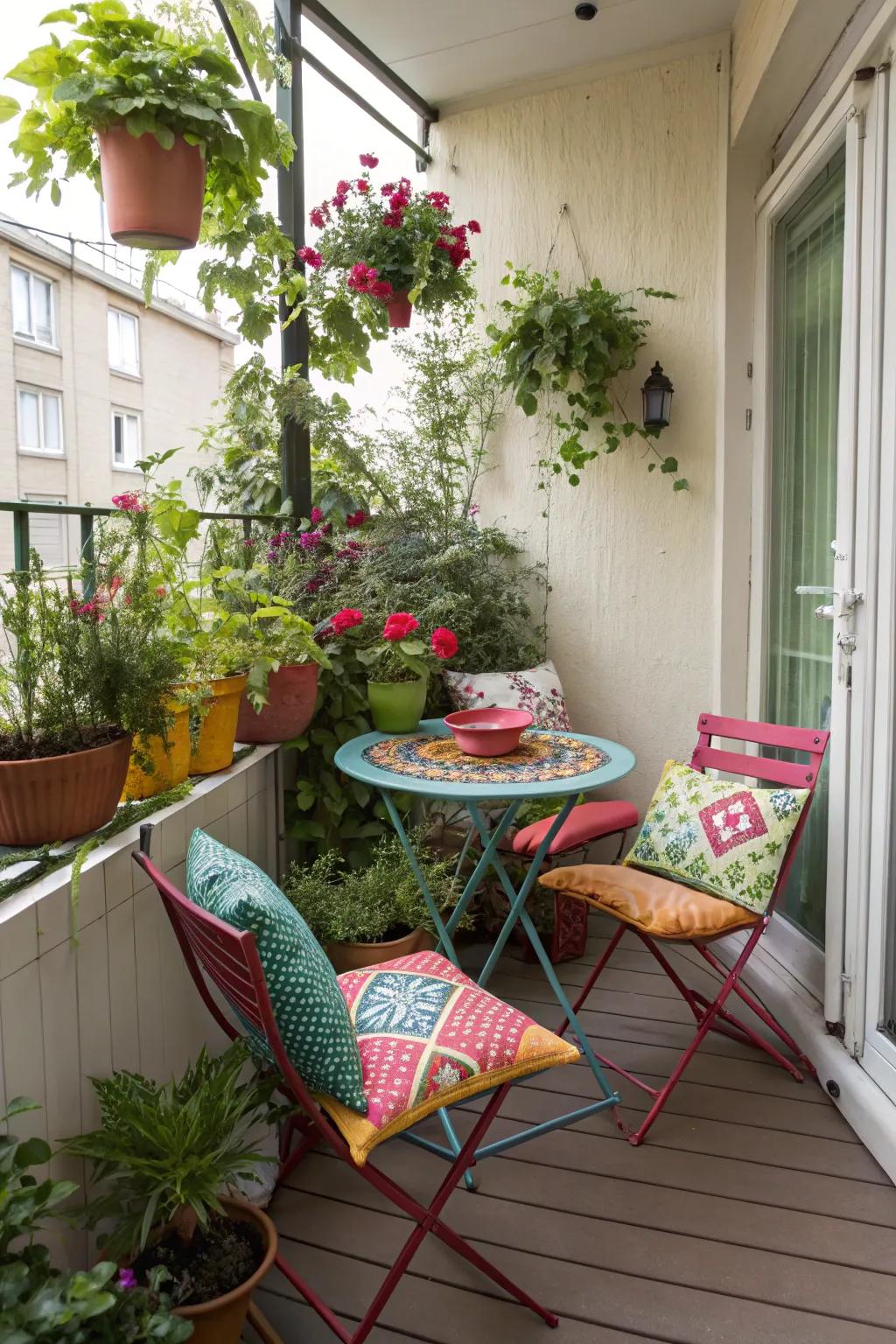 A vibrant bistro set elevates the charm and practicality of your compact veranda.