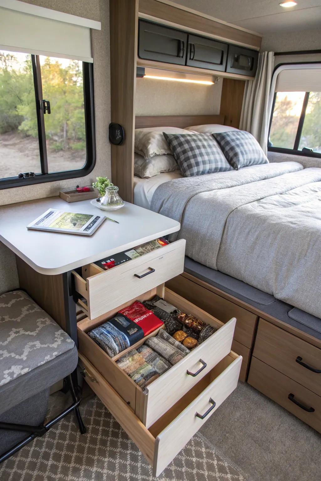 Maximize your RV space with multifunctional furniture that offers storage and flexibility.